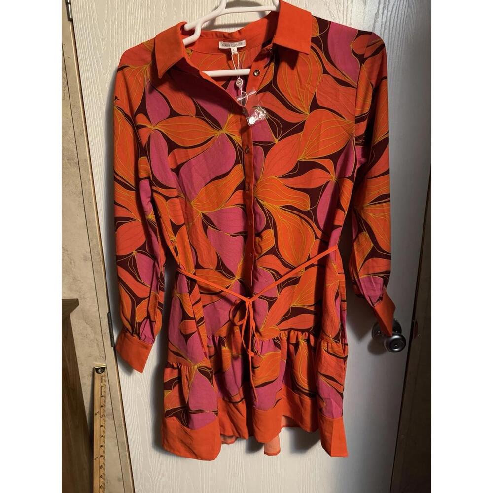 Mary Square Maya Shirt Dress Glow Over Fire Pattern Size L Button Up Bold Sexy